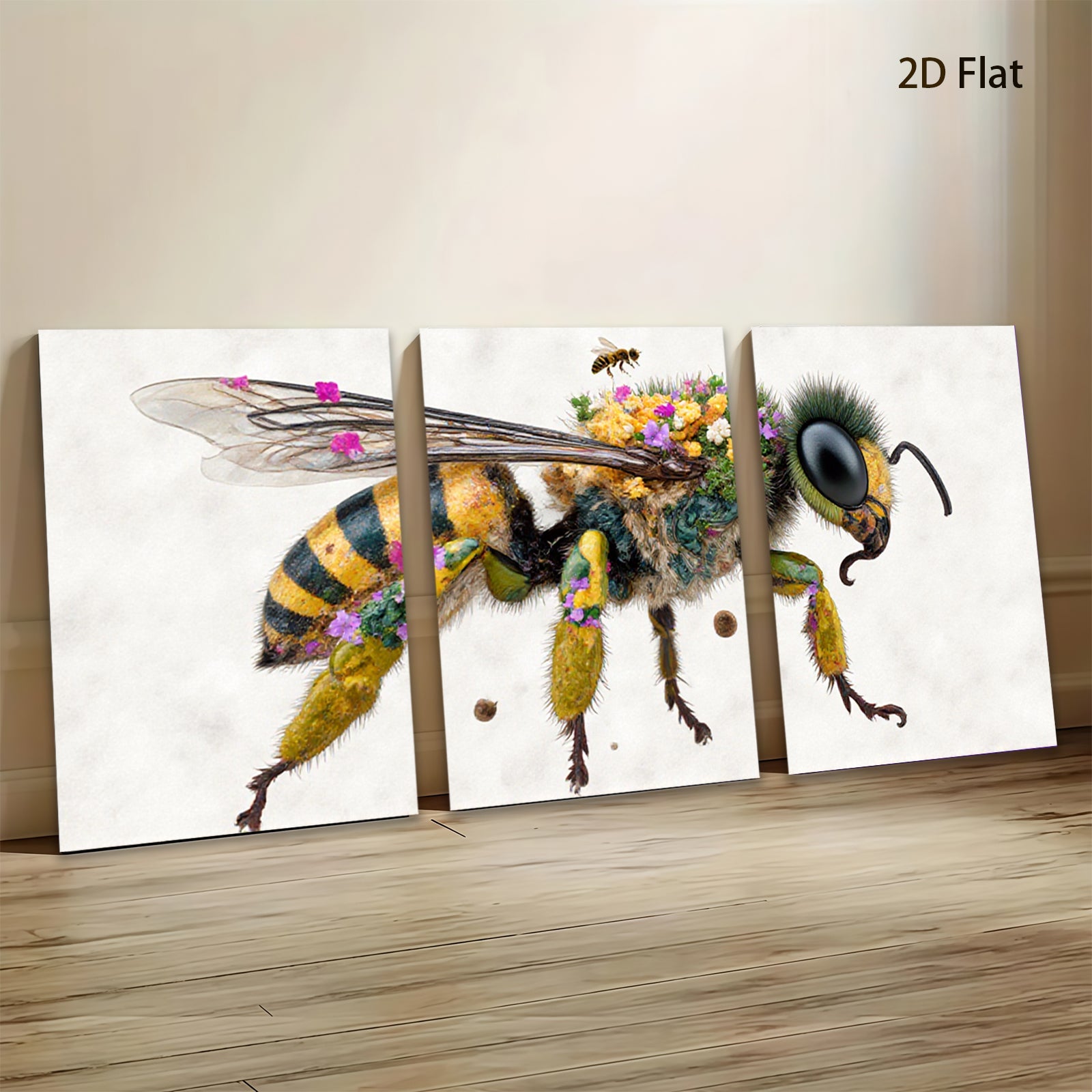 2D flat 1pc Bumblebee with Floral Crown Botanical Wall Art Living Room Bedroom Decor Gallery Wrapped Canvas Prints for Home Office Modern Farmhouse Style