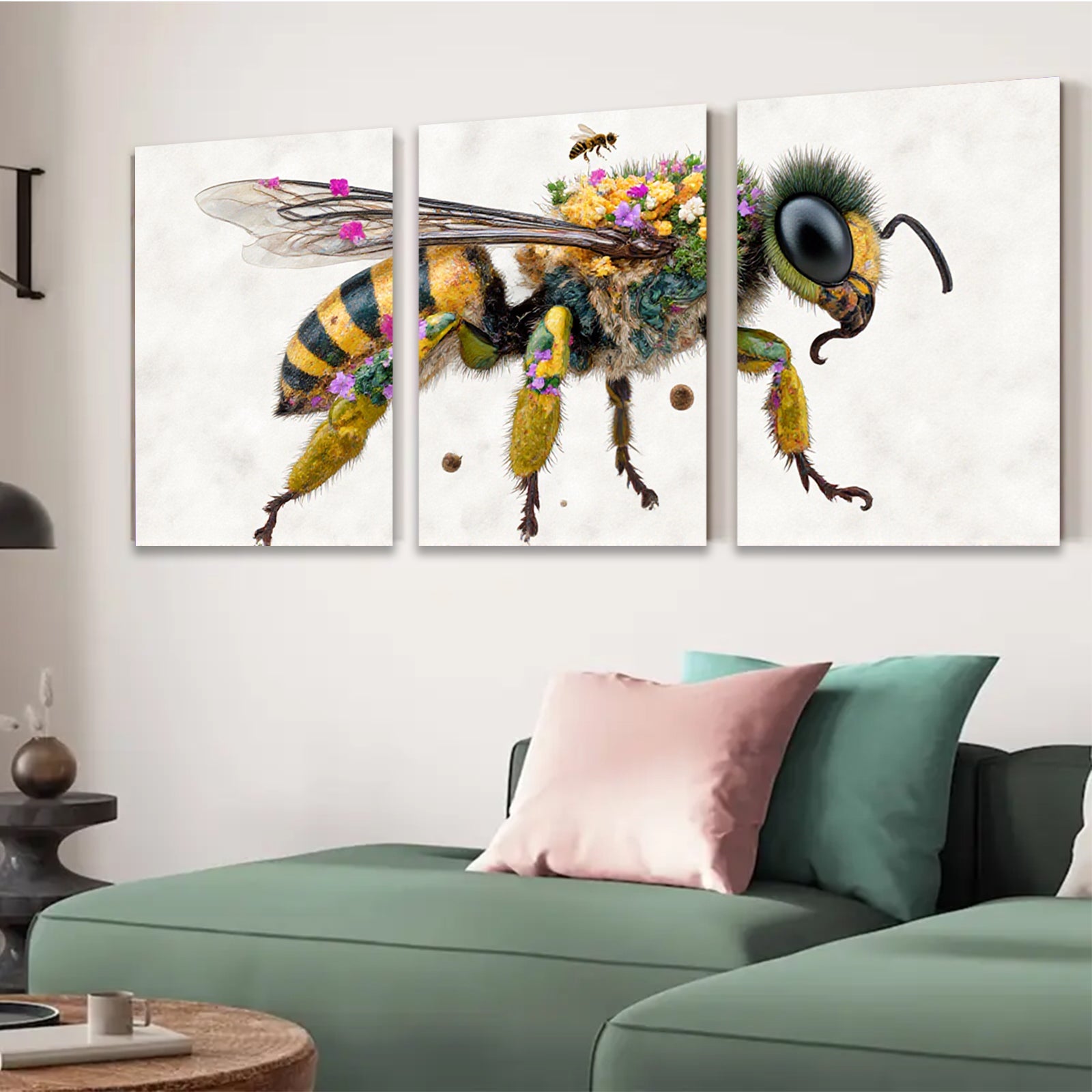 2D flat 1pc Bumblebee with Floral Crown Botanical Wall Art Living Room Bedroom Decor Gallery Wrapped Canvas Prints for Home Office Modern Farmhouse Style