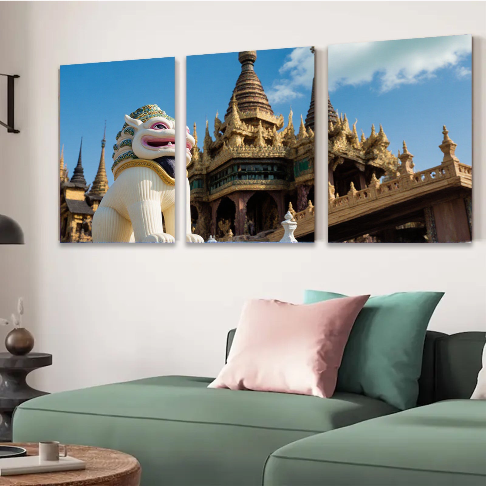 2D flat 1pc Burmese temple lion guardian wall art for living room bedroom home decor farmhouse style modern minimalist gallery wrapped canvas prints