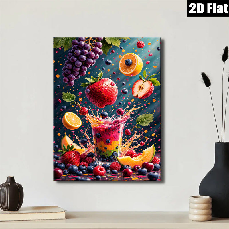 2D flat 1pc Bursting Fruit Splash Vibrant Kitchen Dining Room Wall Decor Modern Farmhouse Living Room Artwork Gallery Wrapped Canvas Prints