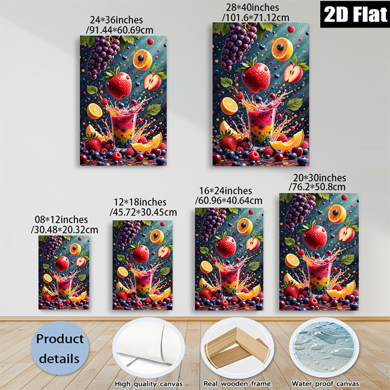 2D flat 1pc Bursting Fruit Splash Vibrant Kitchen Dining Room Wall Decor Modern Farmhouse Living Room Artwork Gallery Wrapped Canvas Prints