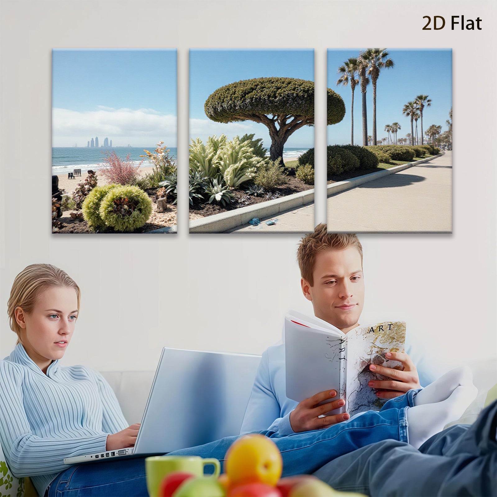 2D flat 1pc California coastal landscape vibrant beach palm trees modern farmhouse wall art living room bedroom decor trending now gallery wrapped canvas print