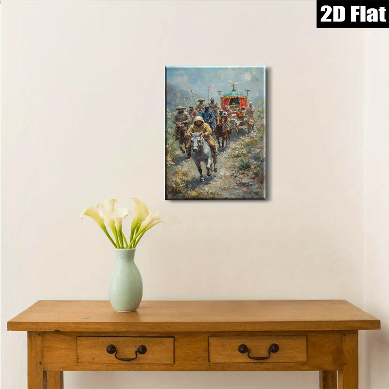 2D flat 1pc Cavalry Procession Through Mountain Pass Rustic Farmhouse Wall Art Living Room Decor Bedroom Canvas Prints Modern Gallery Wrapped Inspirational Art
