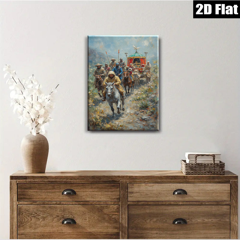 2D flat 1pc Cavalry Procession Through Mountain Pass Rustic Farmhouse Wall Art Living Room Decor Bedroom Canvas Prints Modern Gallery Wrapped Inspirational Art