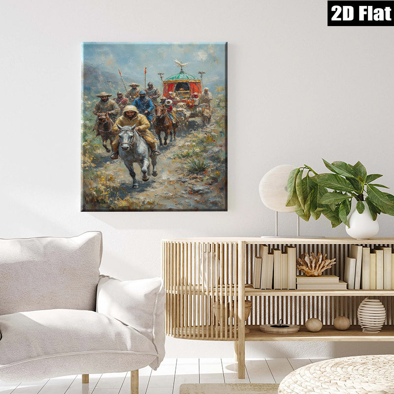 2D flat 1pc Cavalry Procession Through Mountain Pass Rustic Farmhouse Wall Art Living Room Decor Bedroom Canvas Prints Modern Gallery Wrapped Inspirational Art