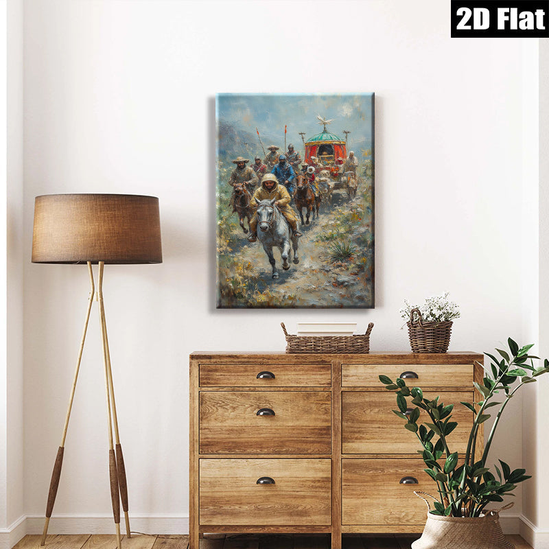 2D flat 1pc Cavalry Procession Through Mountain Pass Rustic Farmhouse Wall Art Living Room Decor Bedroom Canvas Prints Modern Gallery Wrapped Inspirational Art