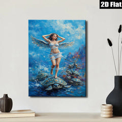 2D flat 1pc Celestial Angel Riding Turtles Ocean Fantasy Wall Art Coastal Decor Living Room Bedroom Modern Farmhouse Canvas Prints