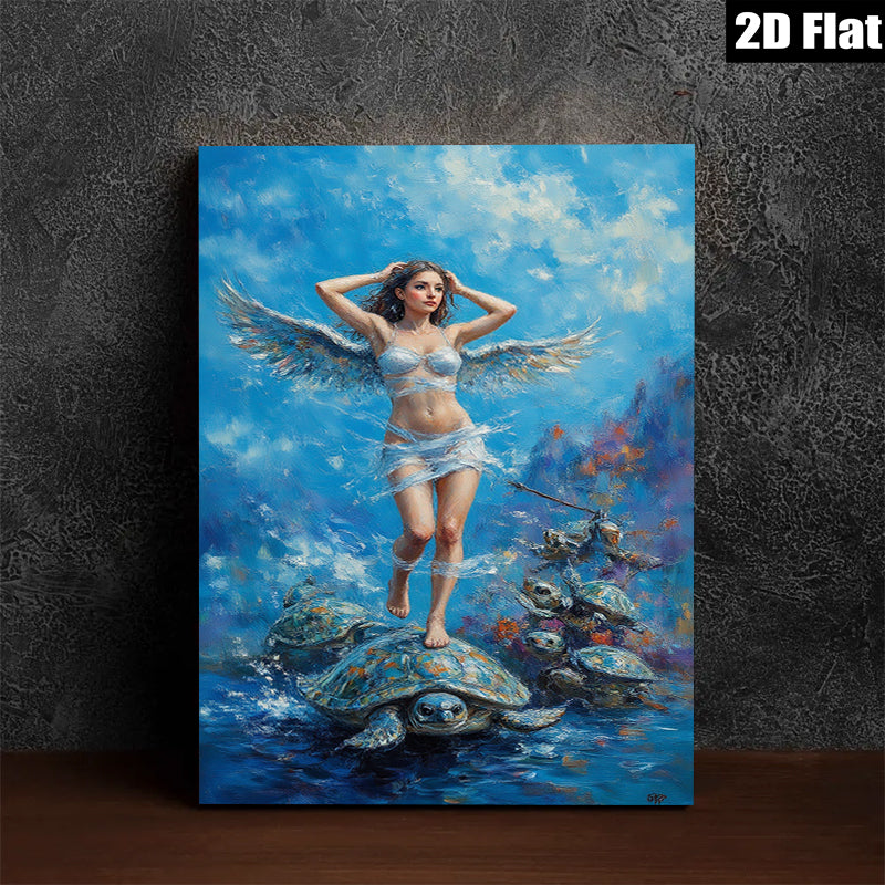 2D flat 1pc Celestial Angel Riding Turtles Ocean Fantasy Wall Art Coastal Decor Living Room Bedroom Modern Farmhouse Canvas Prints