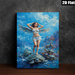 2D flat 1pc Celestial Angel Riding Turtles Ocean Fantasy Wall Art Coastal Decor Living Room Bedroom Modern Farmhouse Canvas Prints
