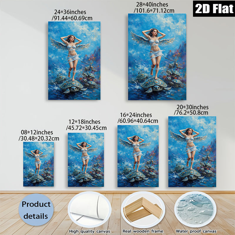 2D flat 1pc Celestial Angel Riding Turtles Ocean Fantasy Wall Art Coastal Decor Living Room Bedroom Modern Farmhouse Canvas Prints