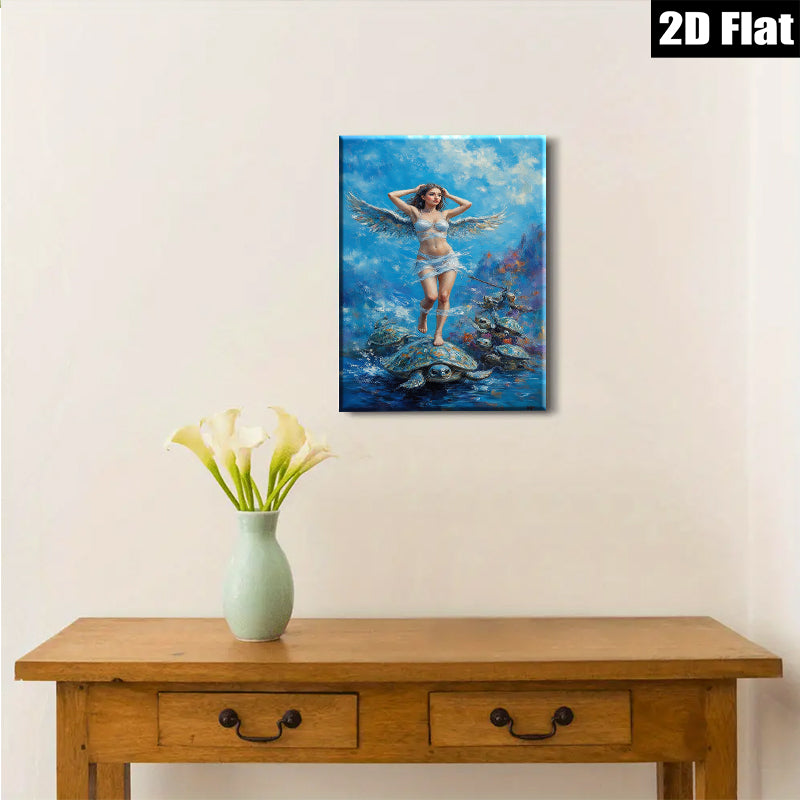 2D flat 1pc Celestial Angel Riding Turtles Ocean Fantasy Wall Art Coastal Decor Living Room Bedroom Modern Farmhouse Canvas Prints