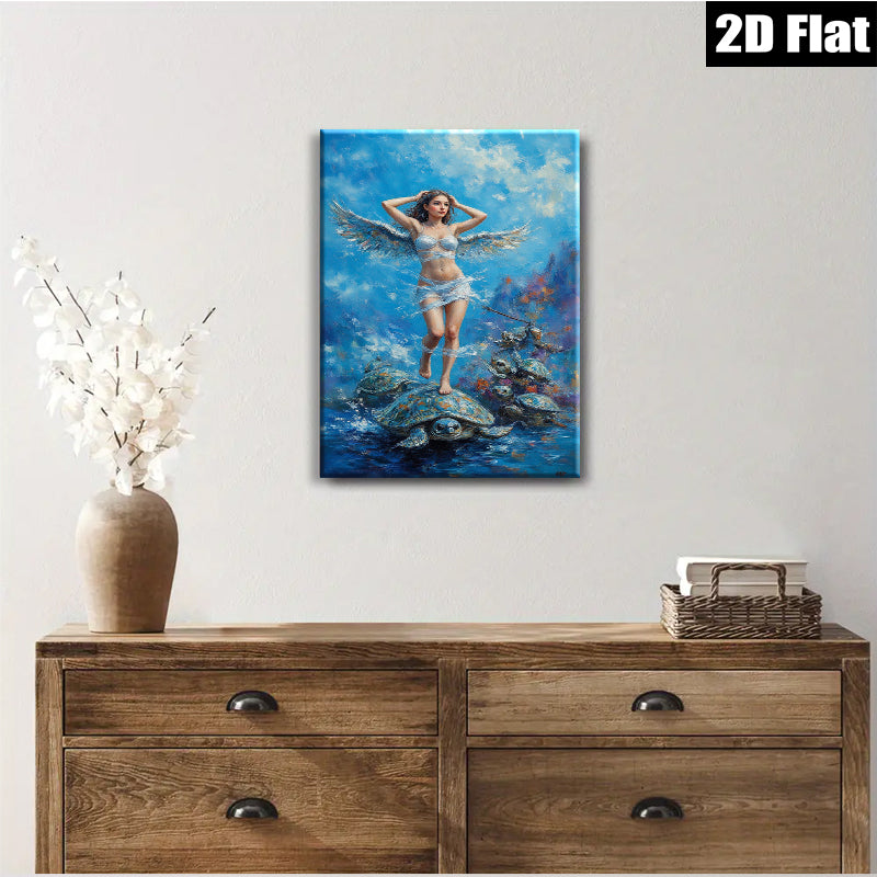 2D flat 1pc Celestial Angel Riding Turtles Ocean Fantasy Wall Art Coastal Decor Living Room Bedroom Modern Farmhouse Canvas Prints