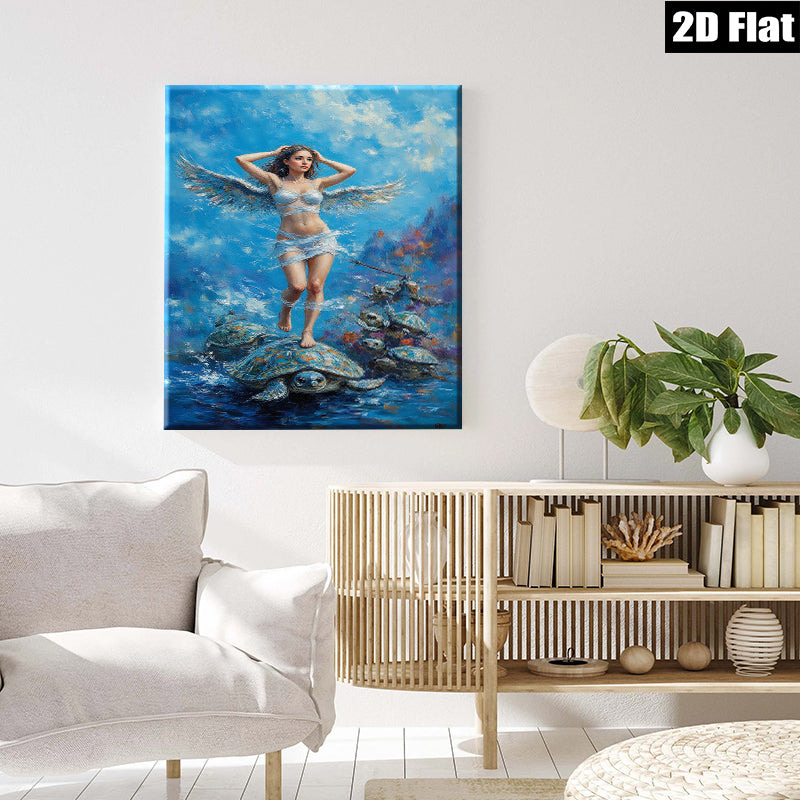 2D flat 1pc Celestial Angel Riding Turtles Ocean Fantasy Wall Art Coastal Decor Living Room Bedroom Modern Farmhouse Canvas Prints