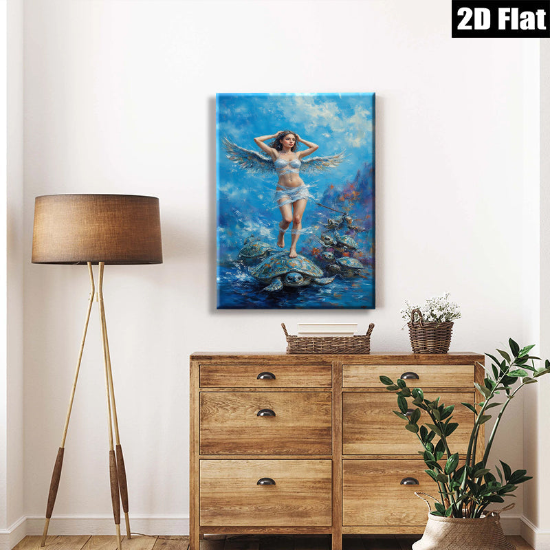 2D flat 1pc Celestial Angel Riding Turtles Ocean Fantasy Wall Art Coastal Decor Living Room Bedroom Modern Farmhouse Canvas Prints