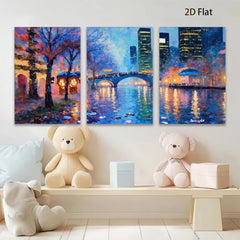 2D flat 1pc Central Park Bridge Night Cityscape Wall Art Modern Home Decor Living Room Bedroom Canvas Prints Framed Ready to Hang Gallery Wrapped Artistic Statement Piece