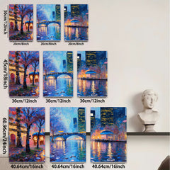 2D flat 1pc Central Park Bridge Night Cityscape Wall Art Modern Home Decor Living Room Bedroom Canvas Prints Framed Ready to Hang Gallery Wrapped Artistic Statement Piece