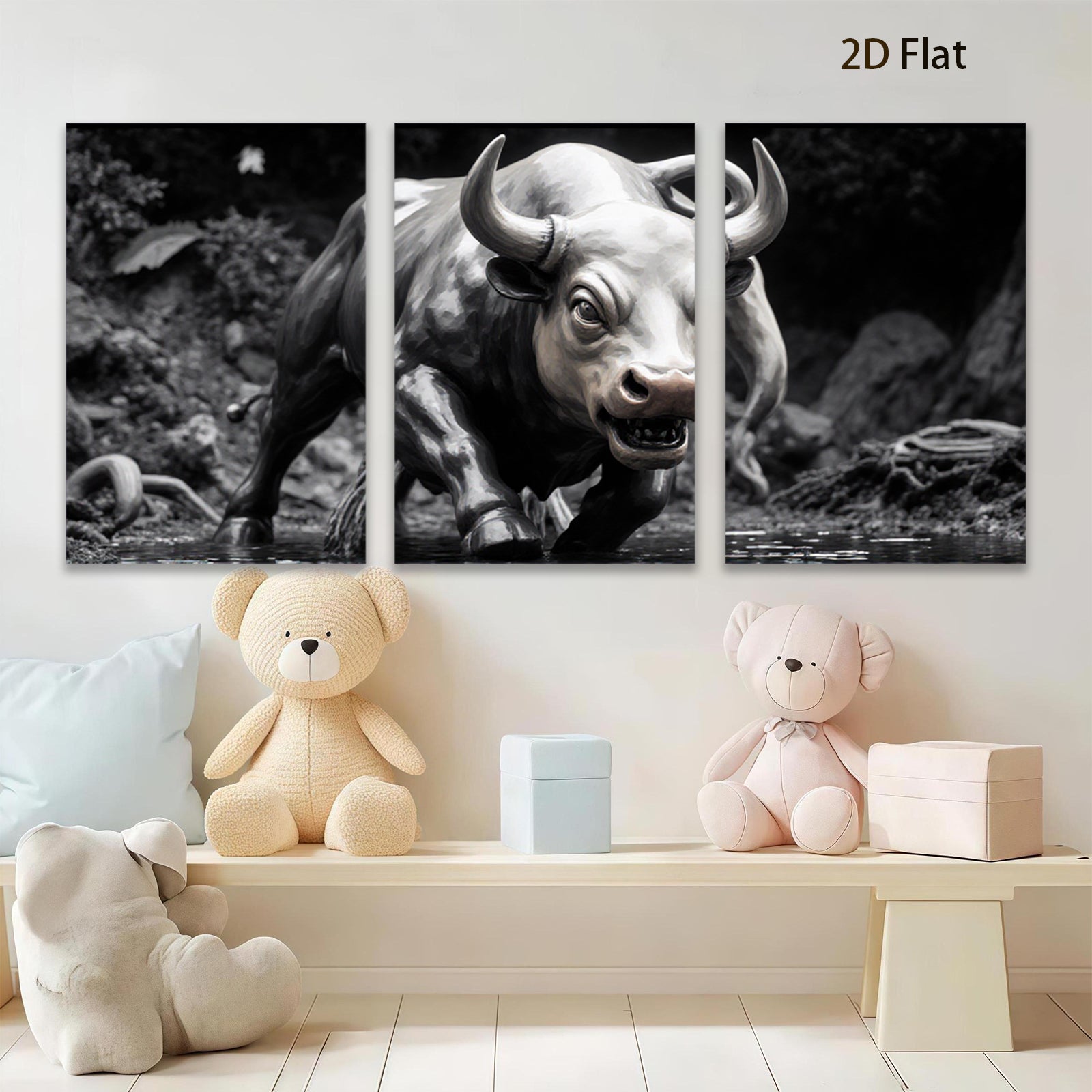 2D flat 1pc Charging Bull Wildlife Canvas Wall Art for Living Room Bedroom Modern Farmhouse Decor Gallery Wrapped Animal Painting Rustic Style