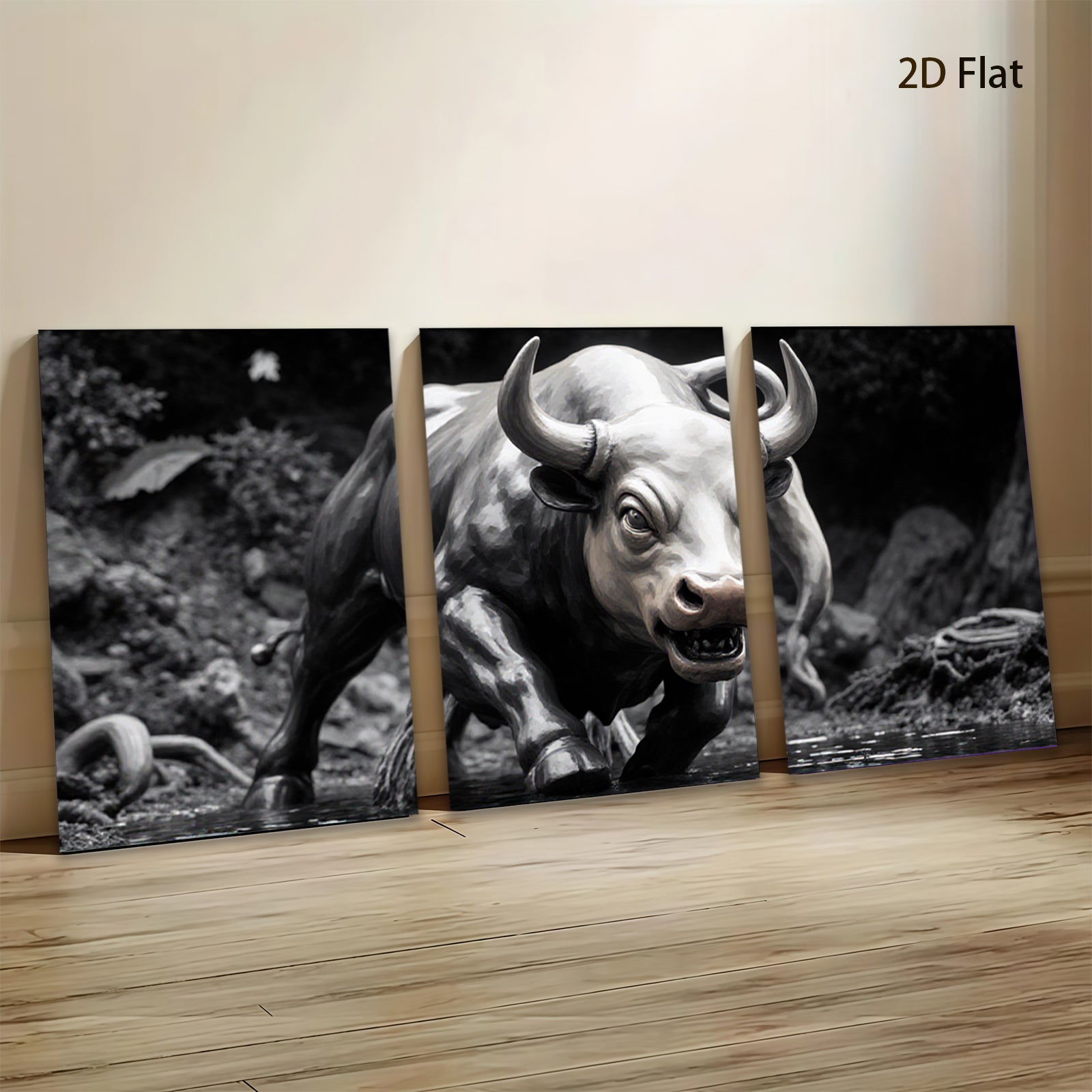 2D flat 1pc Charging Bull Wildlife Canvas Wall Art for Living Room Bedroom Modern Farmhouse Decor Gallery Wrapped Animal Painting Rustic Style