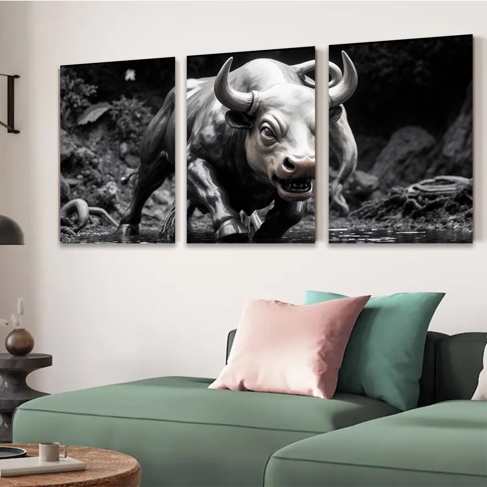 2D flat 1pc Charging Bull Wildlife Canvas Wall Art for Living Room Bedroom Modern Farmhouse Decor Gallery Wrapped Animal Painting Rustic Style