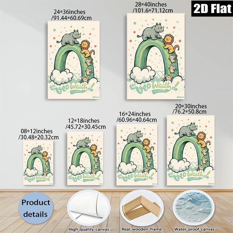 2D flat 1pc Charming Animal Parade Wall Art Kids Room Playroom Nursery Decor Vivid Colors Home Accents Modern Farmhouse Style Gallery Wrapped Canvas Print