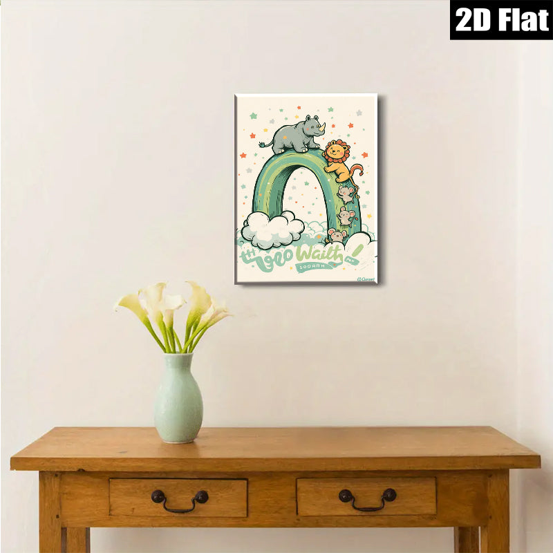 2D flat 1pc Charming Animal Parade Wall Art Kids Room Playroom Nursery Decor Vivid Colors Home Accents Modern Farmhouse Style Gallery Wrapped Canvas Print