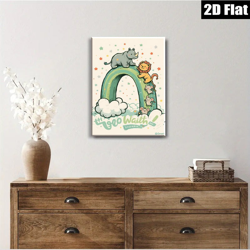 2D flat 1pc Charming Animal Parade Wall Art Kids Room Playroom Nursery Decor Vivid Colors Home Accents Modern Farmhouse Style Gallery Wrapped Canvas Print