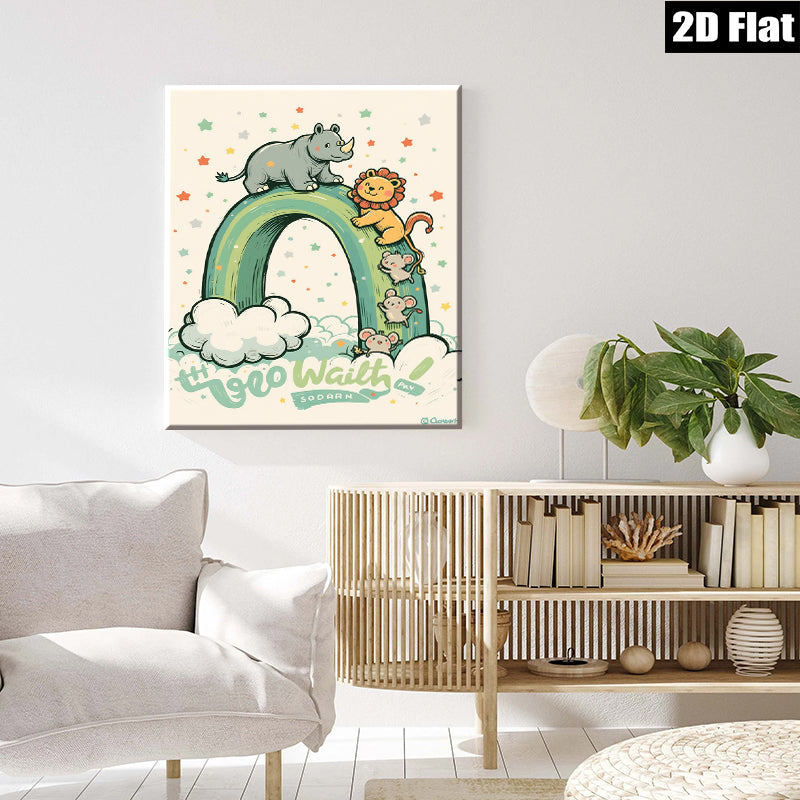2D flat 1pc Charming Animal Parade Wall Art Kids Room Playroom Nursery Decor Vivid Colors Home Accents Modern Farmhouse Style Gallery Wrapped Canvas Print