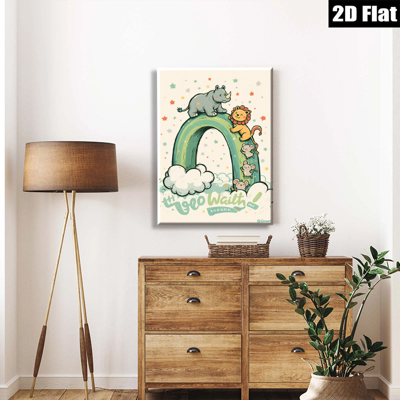 2D flat 1pc Charming Animal Parade Wall Art Kids Room Playroom Nursery Decor Vivid Colors Home Accents Modern Farmhouse Style Gallery Wrapped Canvas Print