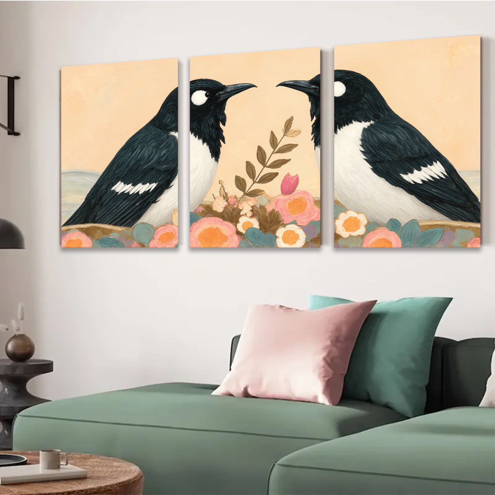 2D flat 1pc Charming Bird Pair Floral Still Life Wall Art Prints Bedroom Living Room Decor Farmhouse Style Gallery Wrapped Canvas Prints Modern Art