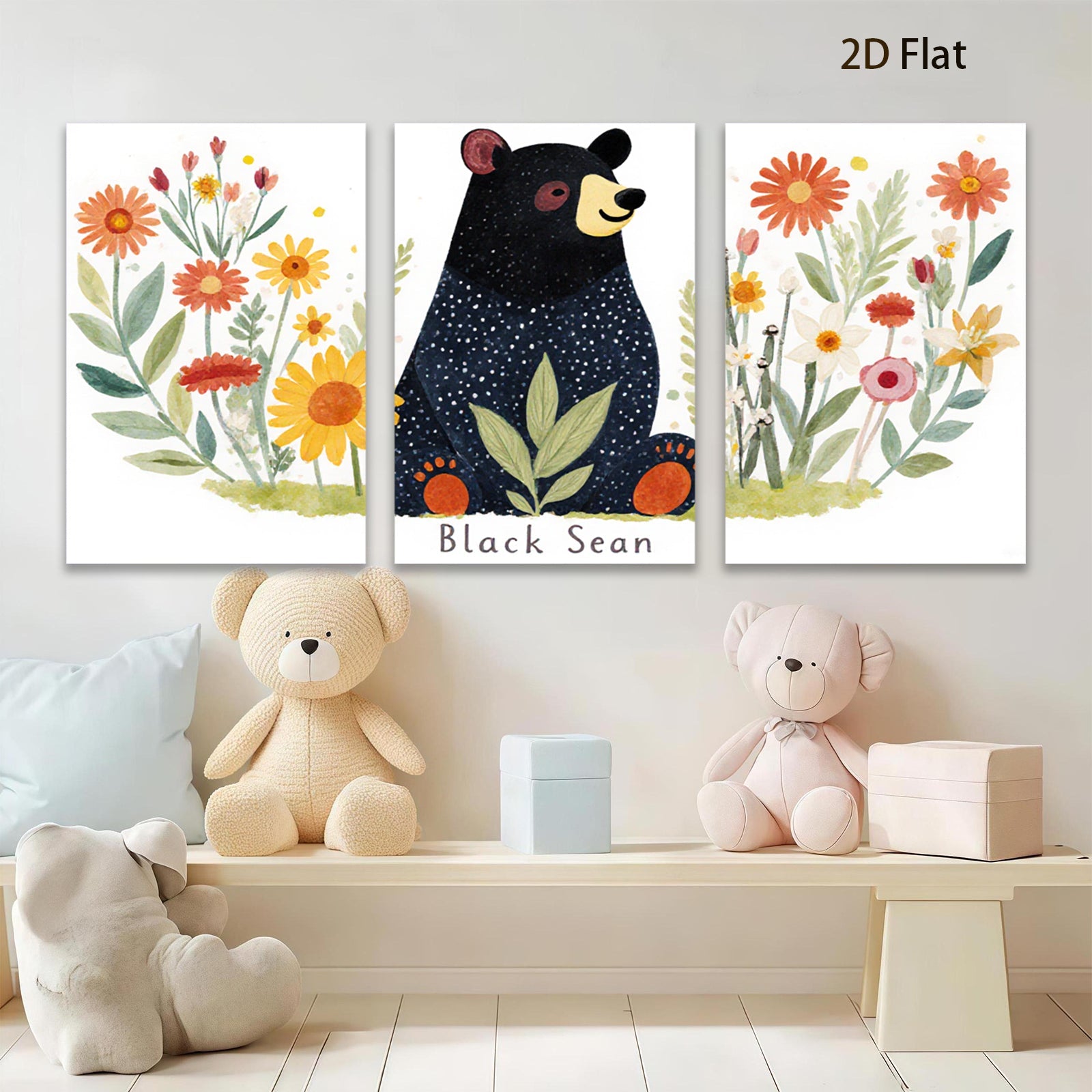 2D flat 1pc Charming Black Bear Floral Wall Art Decor for Living Room Bedroom Kids Room Modern Farmhouse Gallery Wrapped Canvas Prints