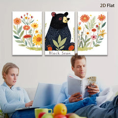 2D flat 1pc Charming Black Bear Floral Wall Art Decor for Living Room Bedroom Kids Room Modern Farmhouse Gallery Wrapped Canvas Prints