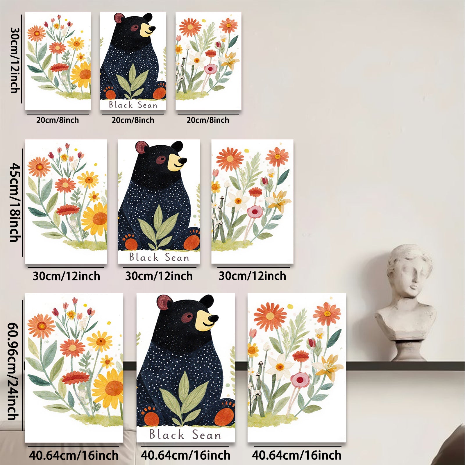 2D flat 1pc Charming Black Bear Floral Wall Art Decor for Living Room Bedroom Kids Room Modern Farmhouse Gallery Wrapped Canvas Prints