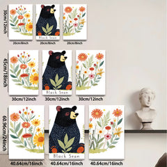 2D flat 1pc Charming Black Bear Floral Wall Art Decor for Living Room Bedroom Kids Room Modern Farmhouse Gallery Wrapped Canvas Prints