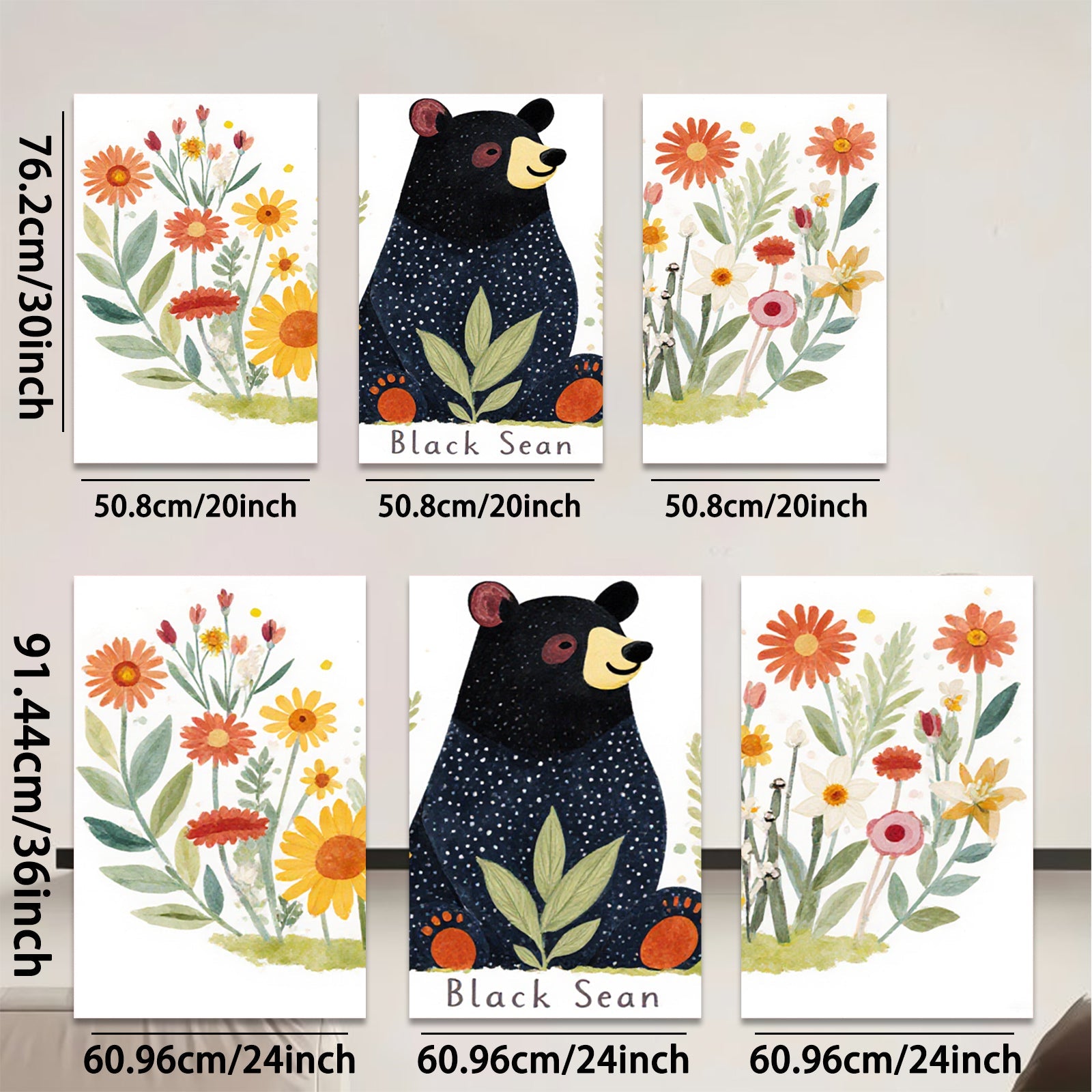 2D flat 1pc Charming Black Bear Floral Wall Art Decor for Living Room Bedroom Kids Room Modern Farmhouse Gallery Wrapped Canvas Prints