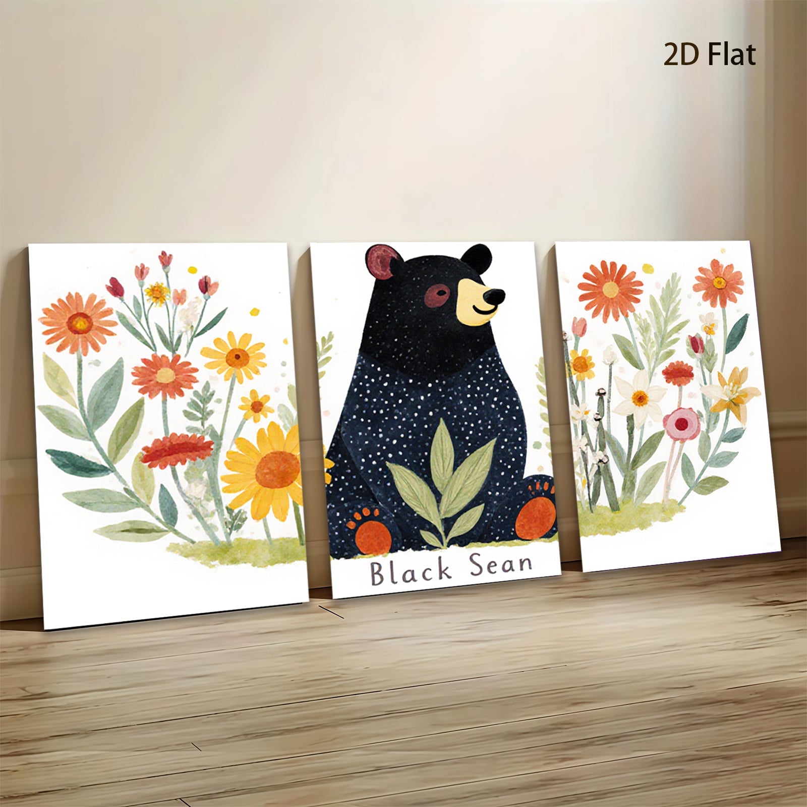 2D flat 1pc Charming Black Bear Floral Wall Art Decor for Living Room Bedroom Kids Room Modern Farmhouse Gallery Wrapped Canvas Prints