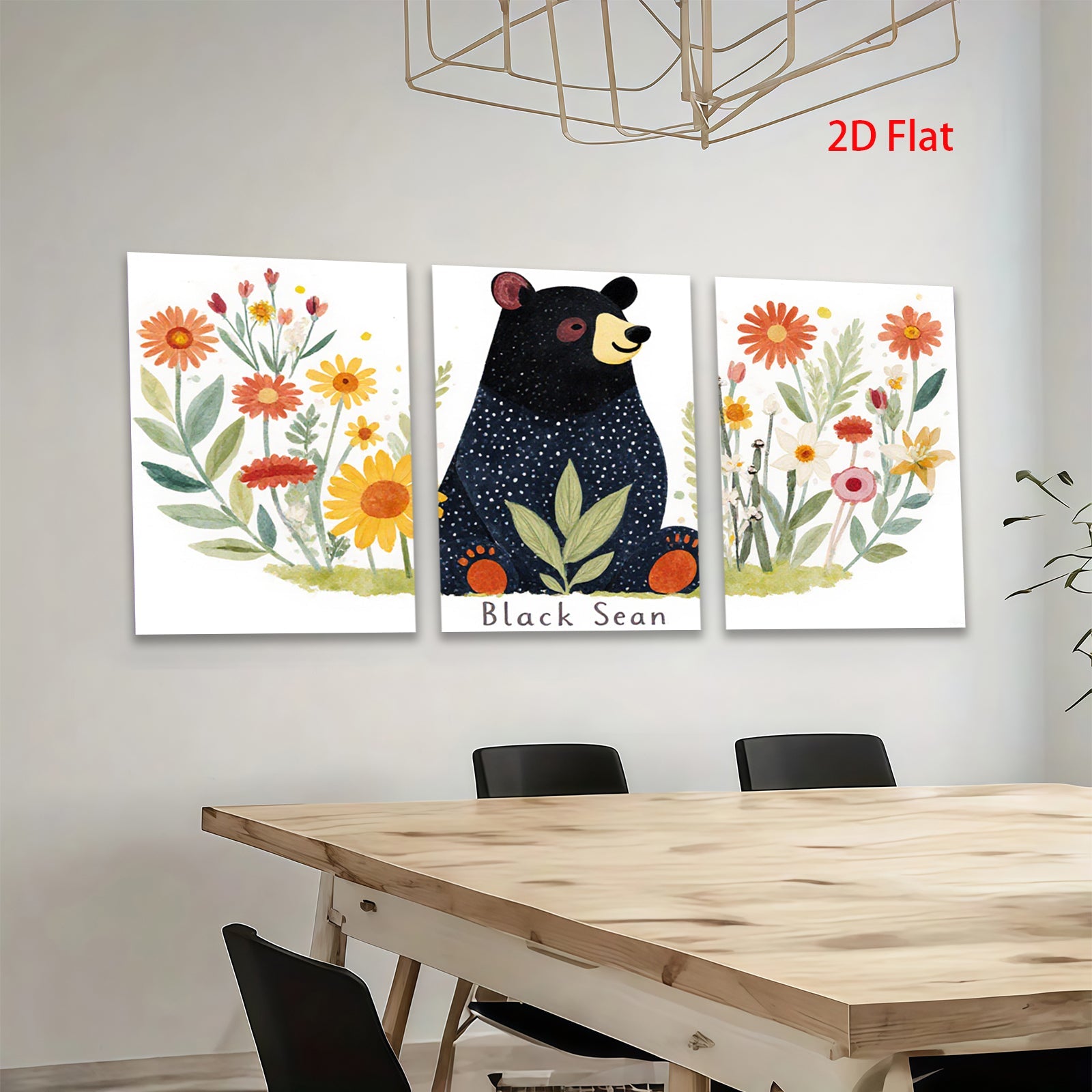 2D flat 1pc Charming Black Bear Floral Wall Art Decor for Living Room Bedroom Kids Room Modern Farmhouse Gallery Wrapped Canvas Prints