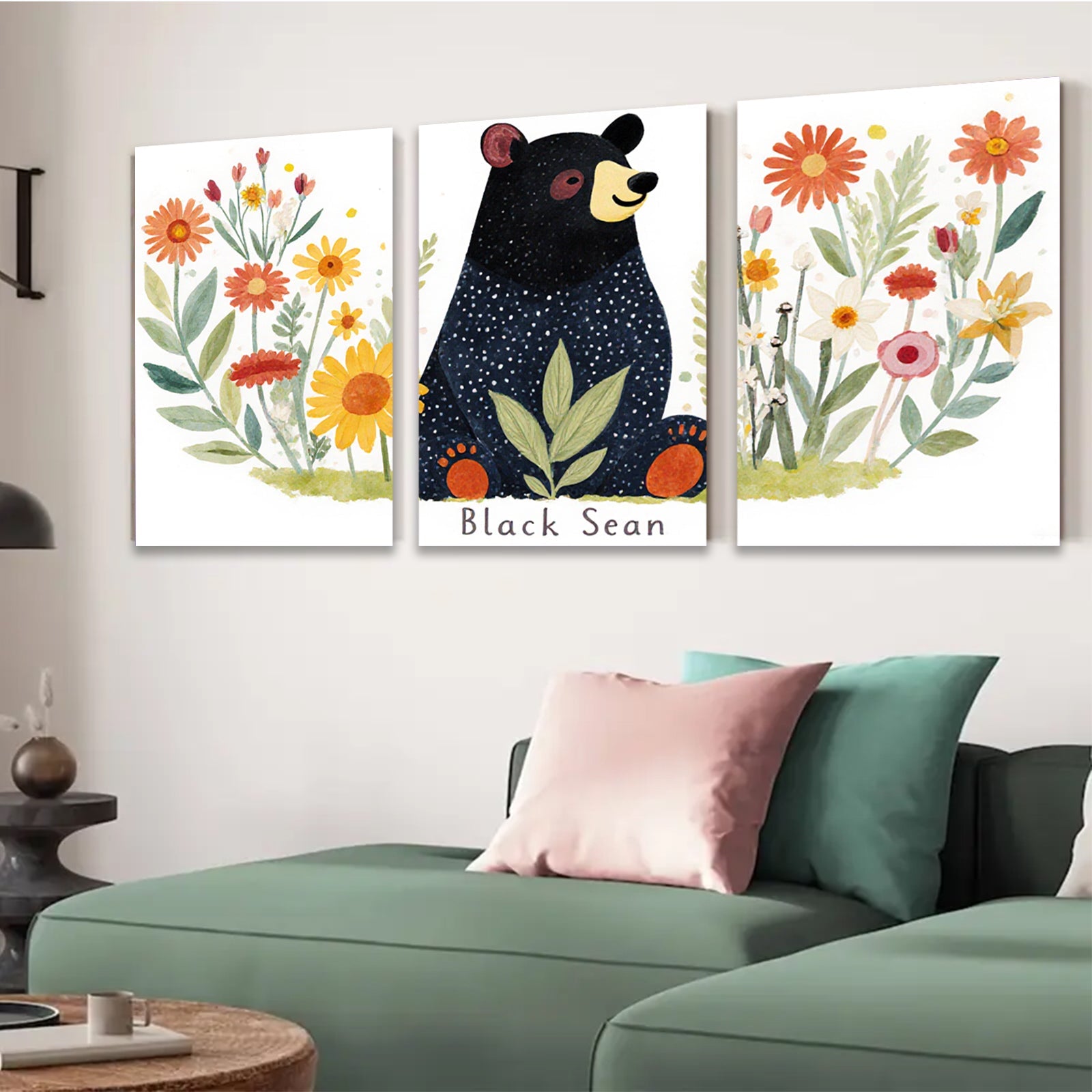 2D flat 1pc Charming Black Bear Floral Wall Art Decor for Living Room Bedroom Kids Room Modern Farmhouse Gallery Wrapped Canvas Prints