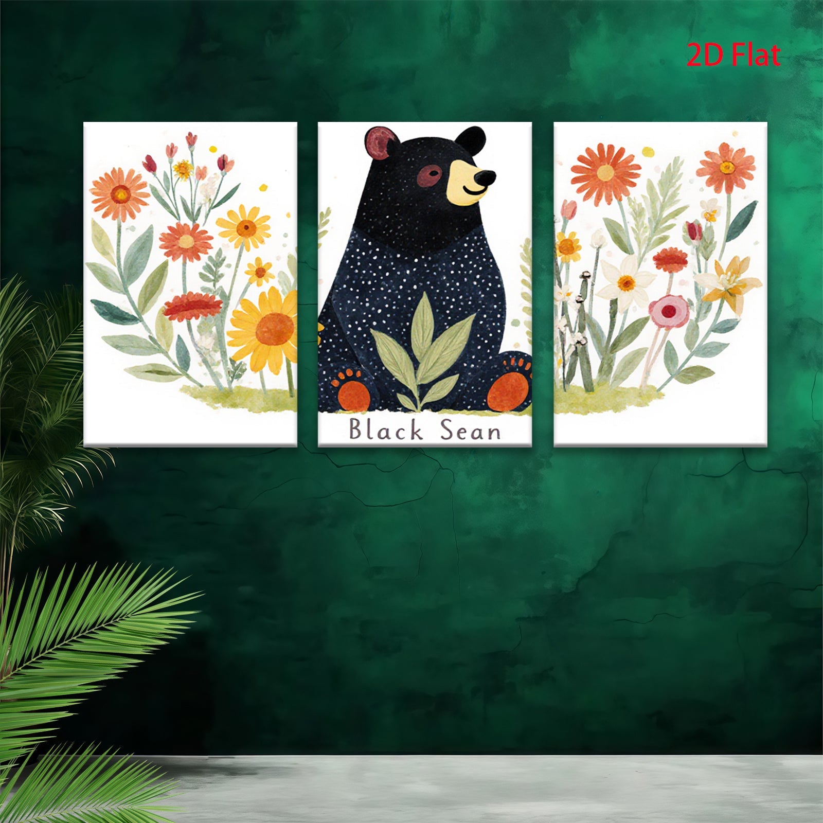 2D flat 1pc Charming Black Bear Floral Wall Art Decor for Living Room Bedroom Kids Room Modern Farmhouse Gallery Wrapped Canvas Prints