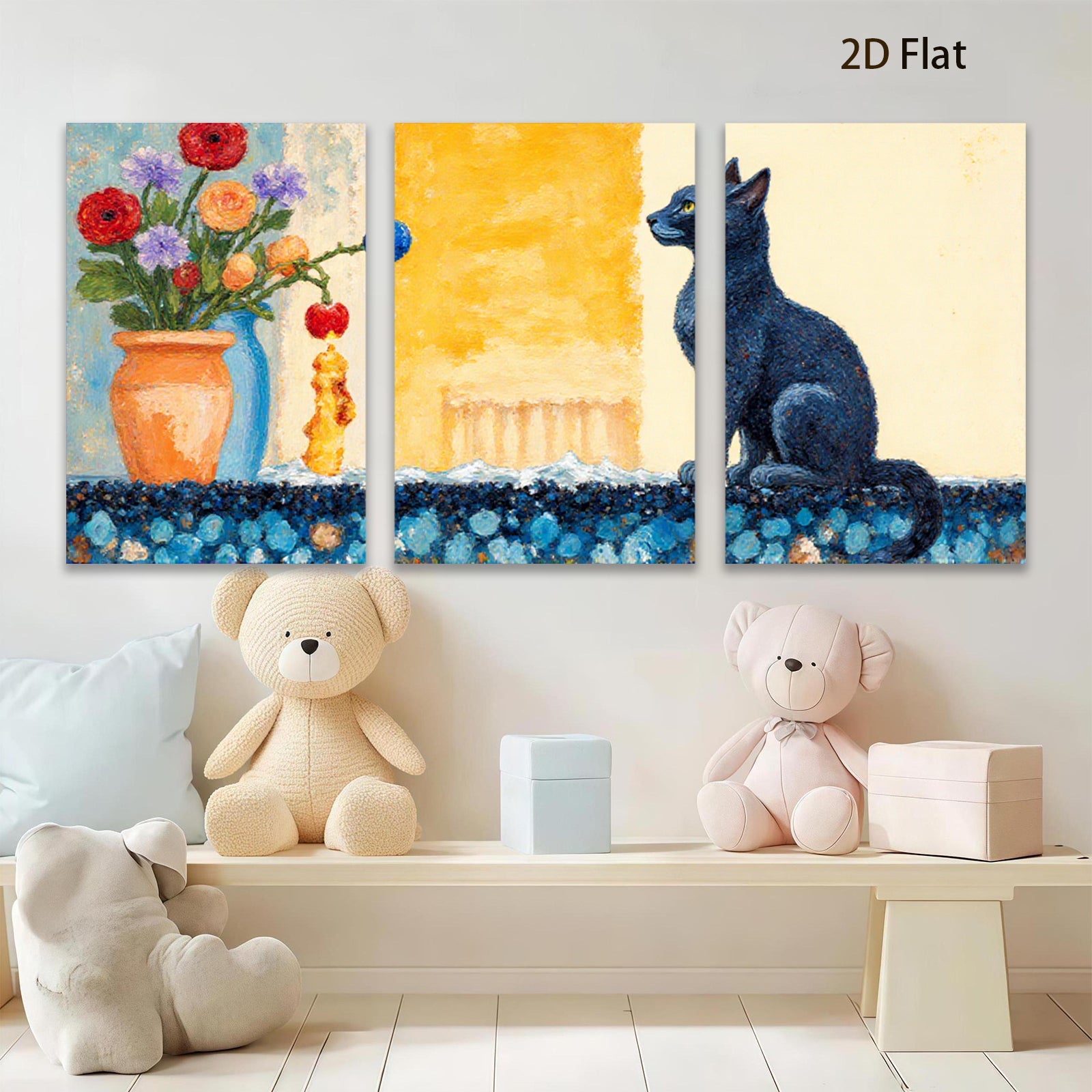 2D flat 1pc Charming Black Cat Floral Still Life Wall Decor for Living Room Bedroom Bathroom Modern Farmhouse Style Canvas Art Prints