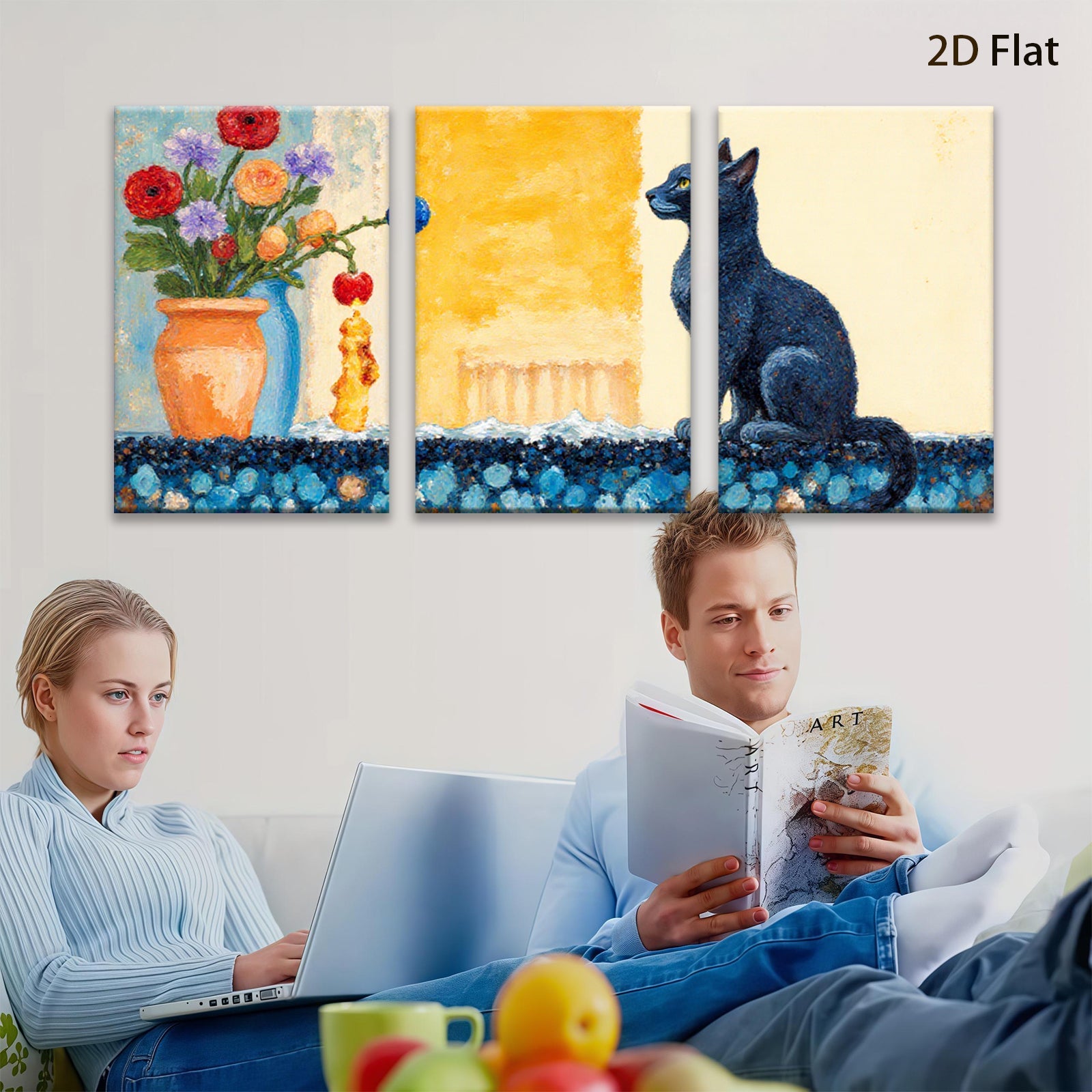 2D flat 1pc Charming Black Cat Floral Still Life Wall Decor for Living Room Bedroom Bathroom Modern Farmhouse Style Canvas Art Prints