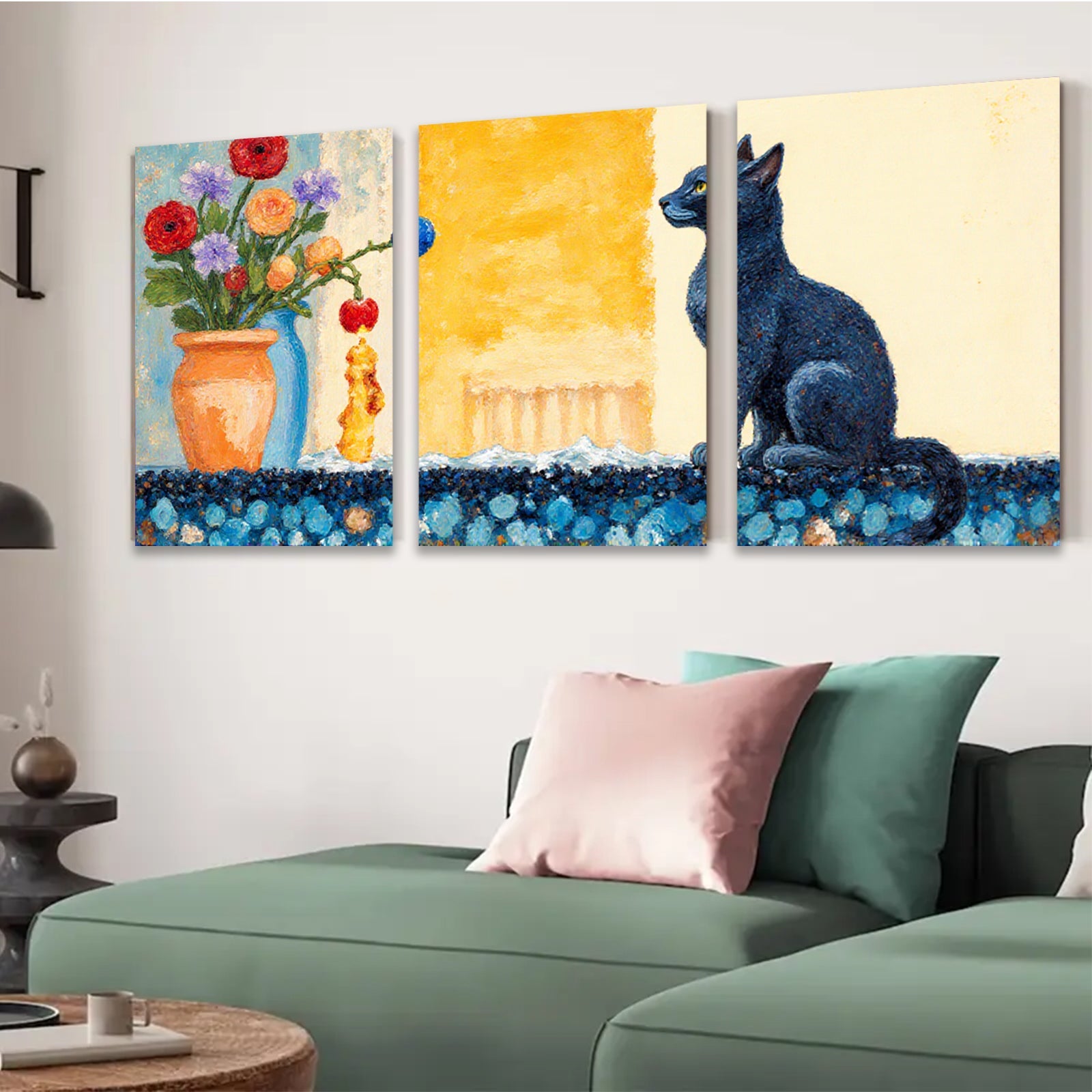 2D flat 1pc Charming Black Cat Floral Still Life Wall Decor for Living Room Bedroom Bathroom Modern Farmhouse Style Canvas Art Prints