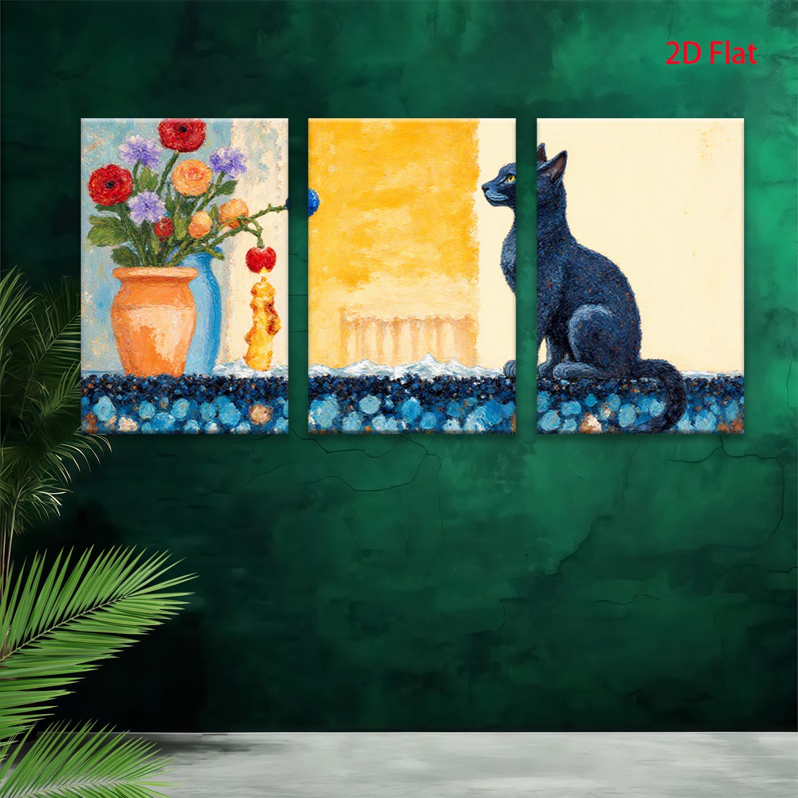 2D flat 1pc Charming Black Cat Floral Still Life Wall Decor for Living Room Bedroom Bathroom Modern Farmhouse Style Canvas Art Prints