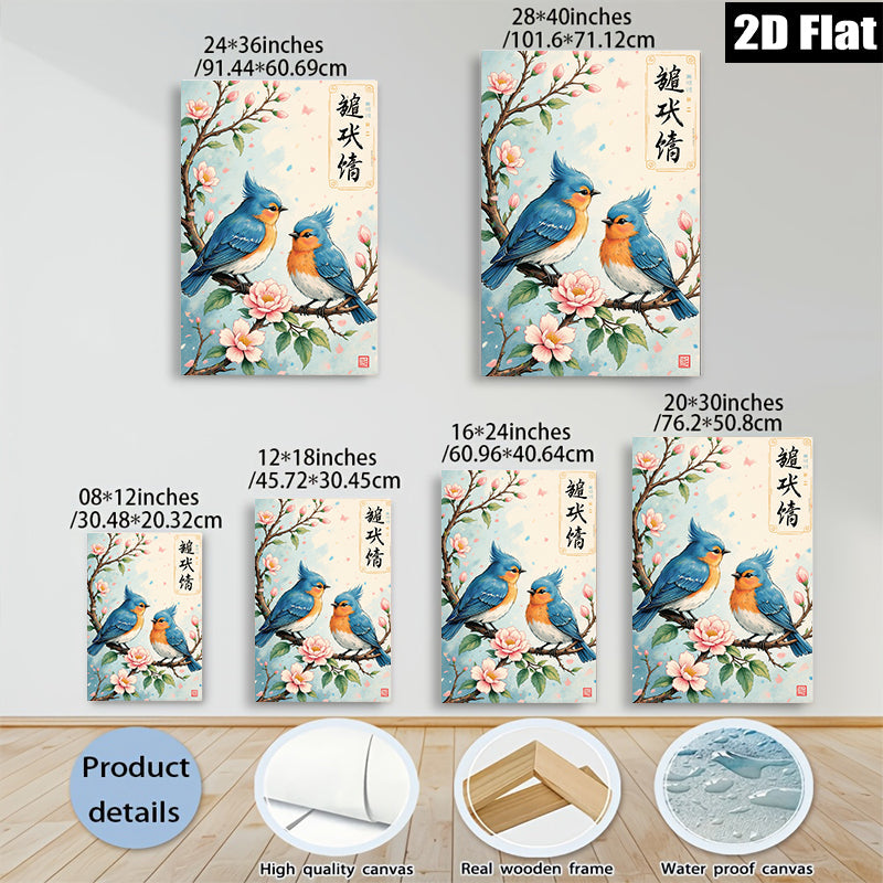2D flat 1pc Charming Bluebirds on Blossom Branch Wall Art Decor for Living Room Bedroom Home Office Gallery Wrapped Canvas Prints Modern Farmhouse Style Cozy Vibes