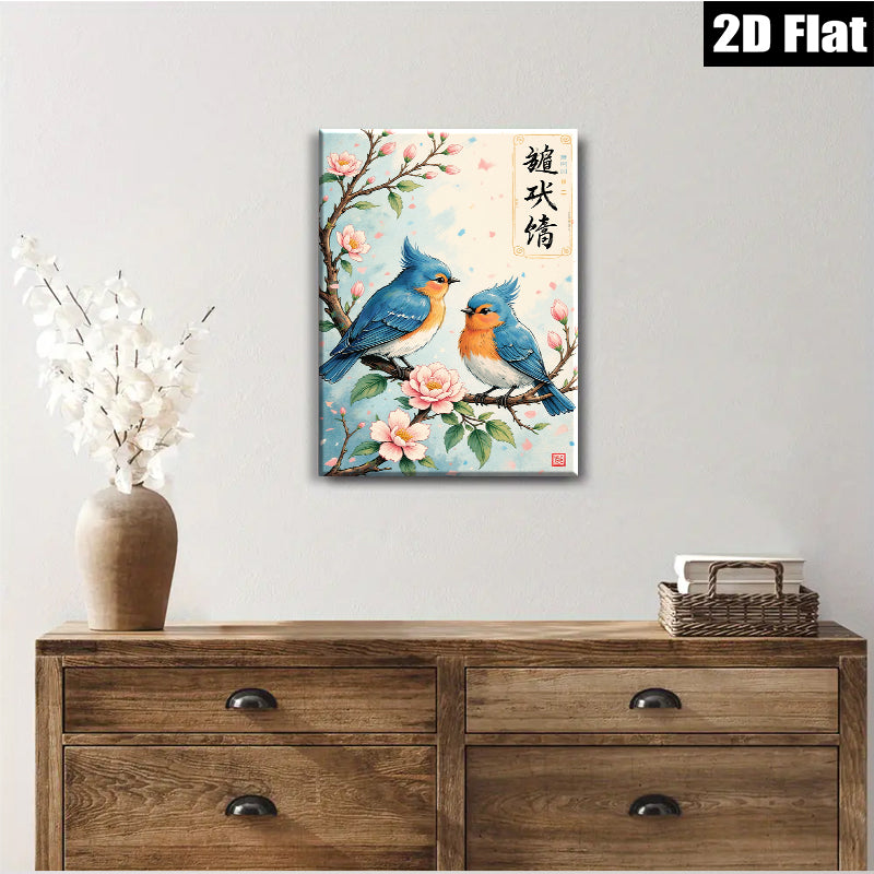 2D flat 1pc Charming Bluebirds on Blossom Branch Wall Art Decor for Living Room Bedroom Home Office Gallery Wrapped Canvas Prints Modern Farmhouse Style Cozy Vibes