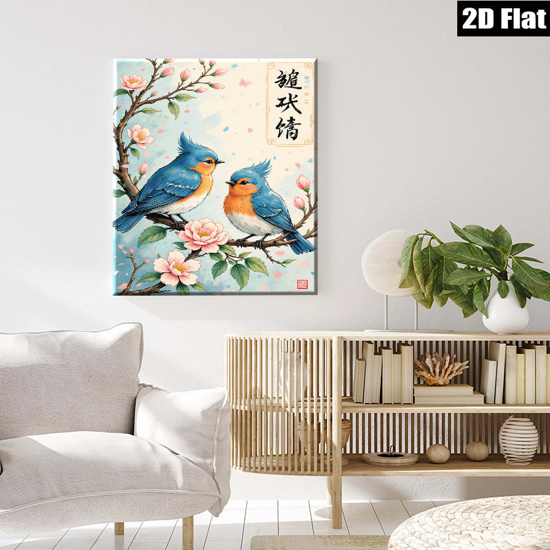 2D flat 1pc Charming Bluebirds on Blossom Branch Wall Art Decor for Living Room Bedroom Home Office Gallery Wrapped Canvas Prints Modern Farmhouse Style Cozy Vibes