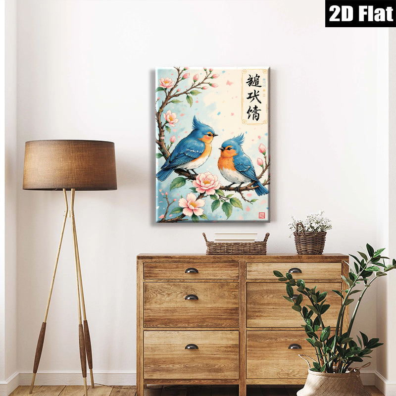 2D flat 1pc Charming Bluebirds on Blossom Branch Wall Art Decor for Living Room Bedroom Home Office Gallery Wrapped Canvas Prints Modern Farmhouse Style Cozy Vibes