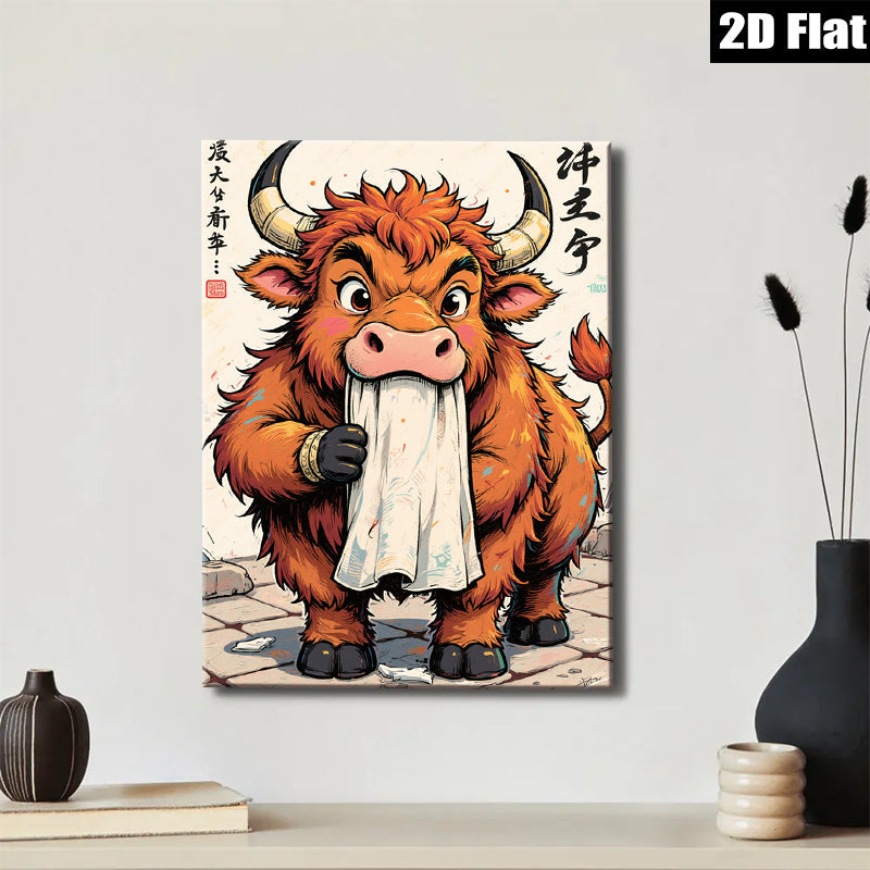 2D flat 1pc Charming Bull Art Print Whimsical Farm Animal Wall Decor for Living Room Bedroom Office Gallery Wrapped Canvas Modern Rustic Home Décor Trending Now