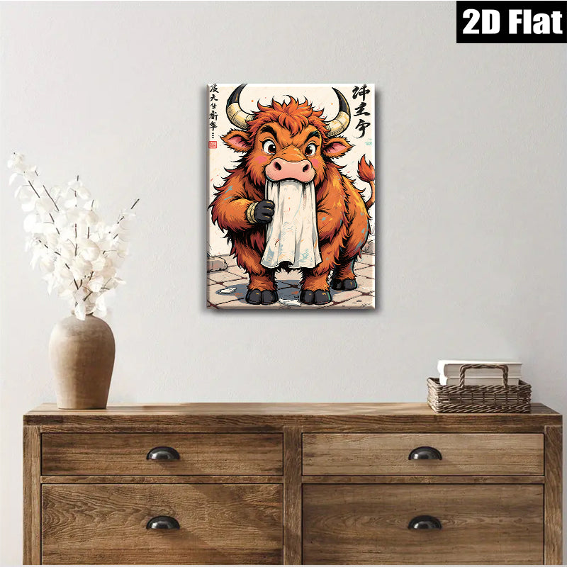 2D flat 1pc Charming Bull Art Print Whimsical Farm Animal Wall Decor for Living Room Bedroom Office Gallery Wrapped Canvas Modern Rustic Home Décor Trending Now