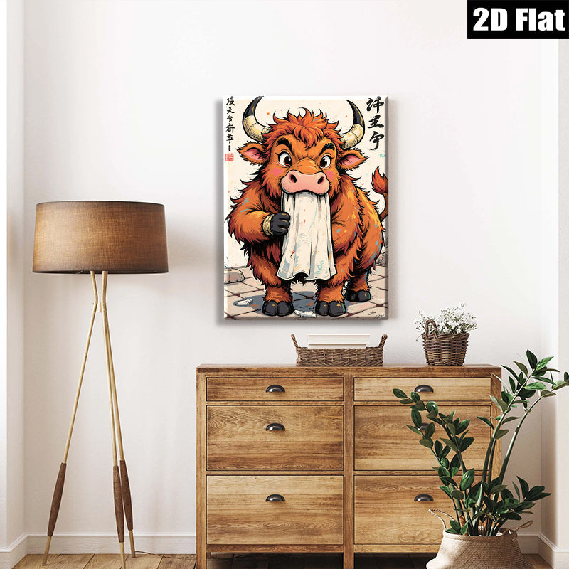 2D flat 1pc Charming Bull Art Print Whimsical Farm Animal Wall Decor for Living Room Bedroom Office Gallery Wrapped Canvas Modern Rustic Home Décor Trending Now