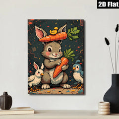 2D flat 1pc Charming Bunny with Carrots Friends Farmhouse Wall Decor Kids Room Playroom Modern Canvas Print Cozy Home Living Room Artwork